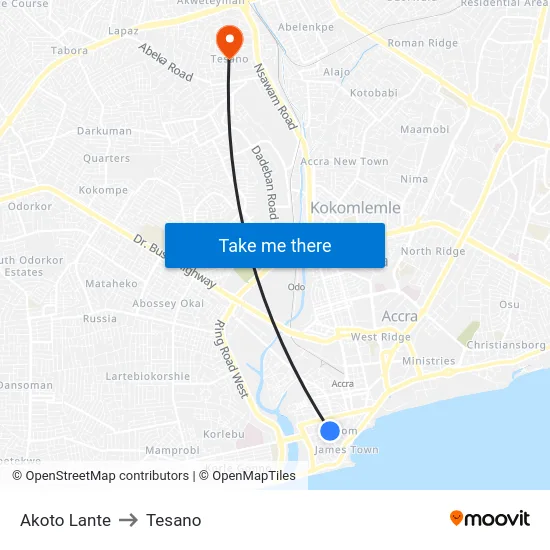 Akoto Lante to Tesano map