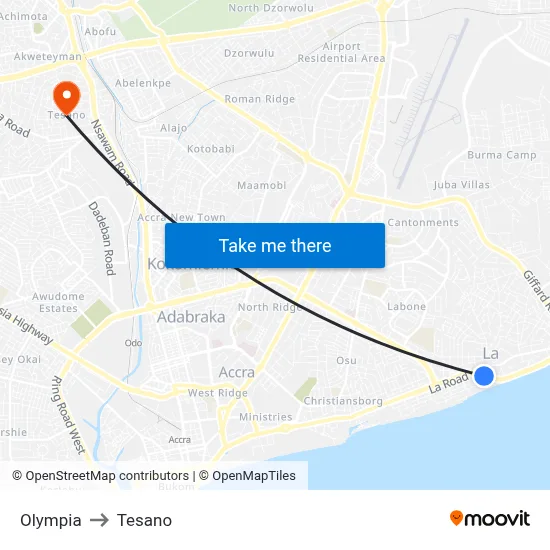 Olympia to Tesano map