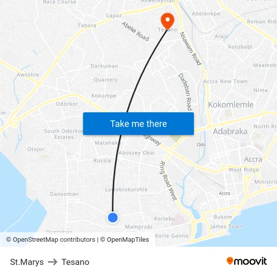 St.Marys to Tesano map