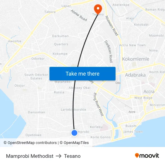 Mamprobi Methodist to Tesano map