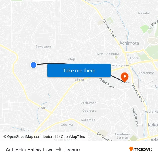 Antie-Eku Pallas Town to Tesano map