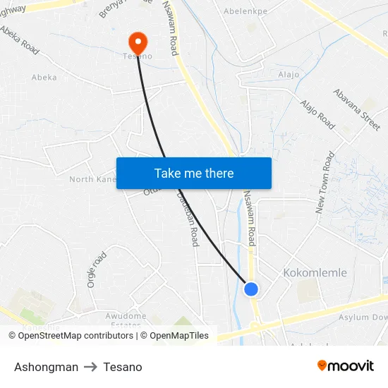 Ashongman to Tesano map
