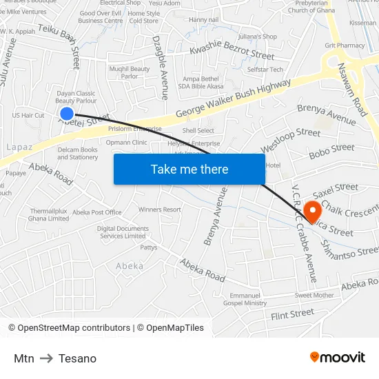Mtn to Tesano map