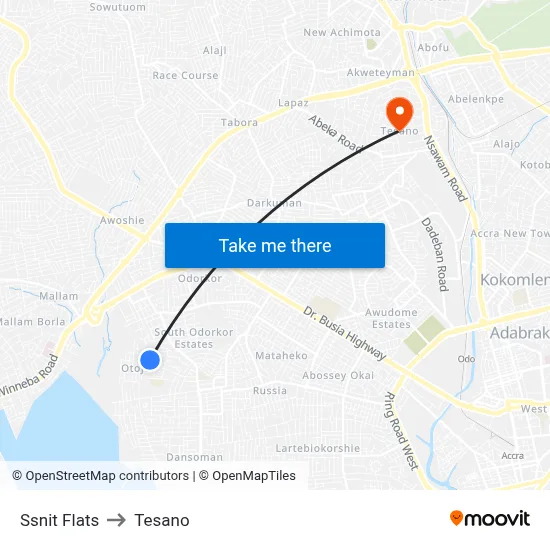 Ssnit Flats to Tesano map