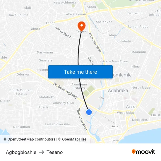 Agbogbloshie to Tesano map