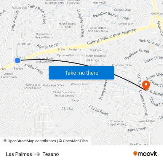 Las Palmas to Tesano map