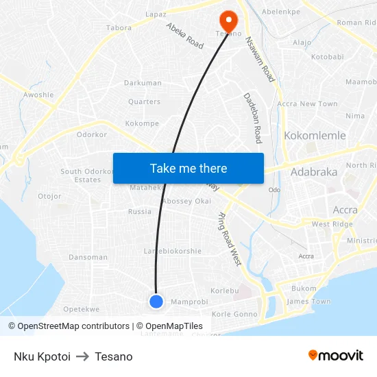 Nku Kpotoi to Tesano map