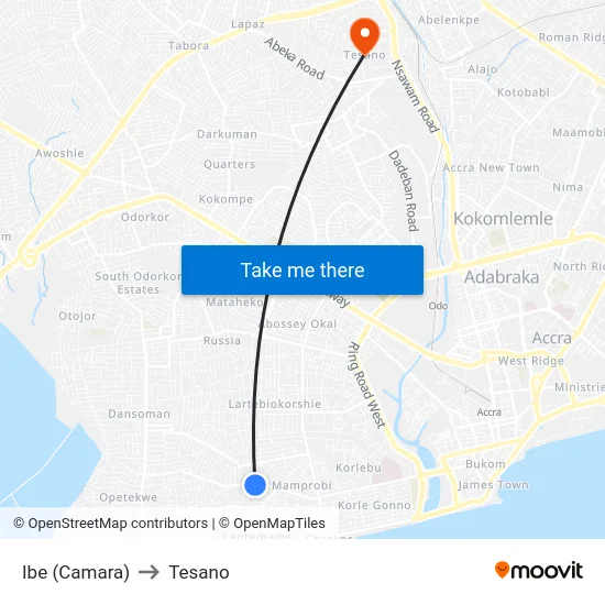 Ibe (Camara) to Tesano map