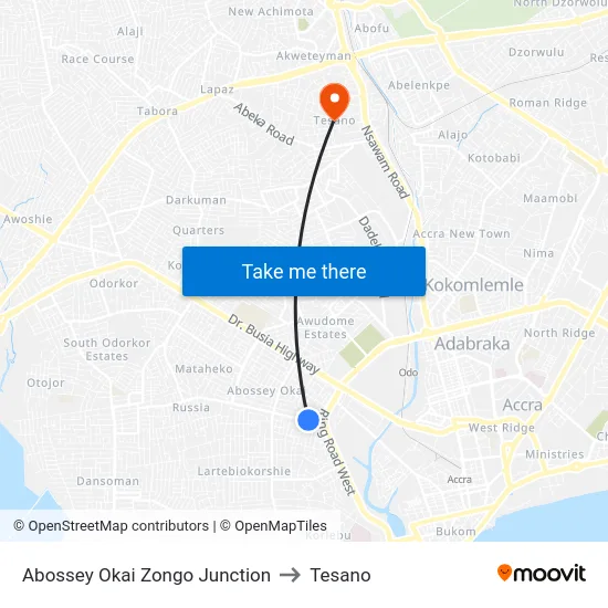 Abossey Okai Zongo Junction to Tesano map