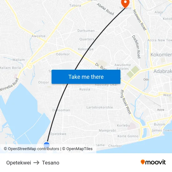 Opetekwei to Tesano map