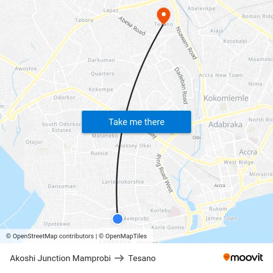 Akoshi Junction Mamprobi to Tesano map