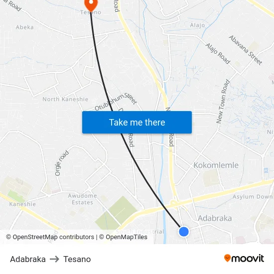 Adabraka to Tesano map