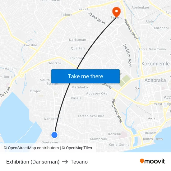 Exhibition (Dansoman) to Tesano map