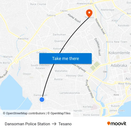 Dansoman Police Station to Tesano map