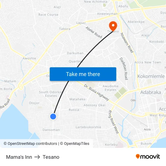 Mama's Inn to Tesano map