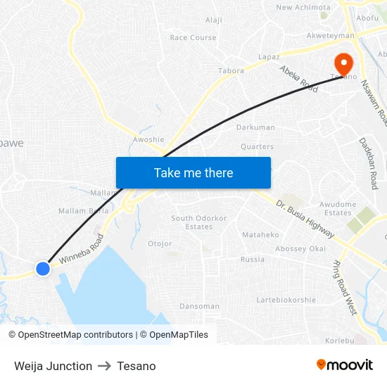 Weija Junction to Tesano map