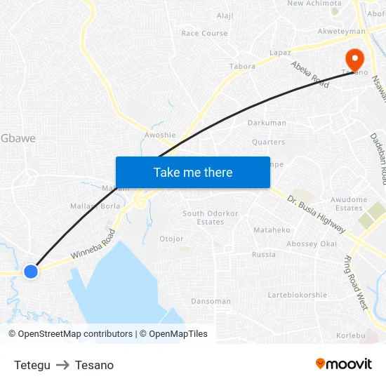 Tetegu to Tesano map