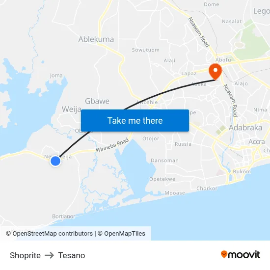 Shoprite to Tesano map