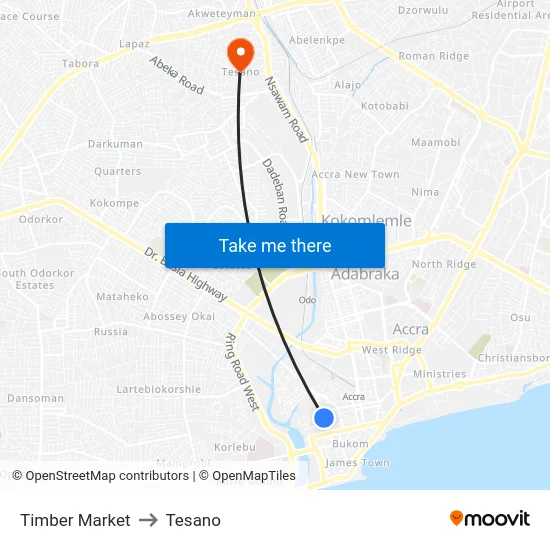 Timber Market to Tesano map