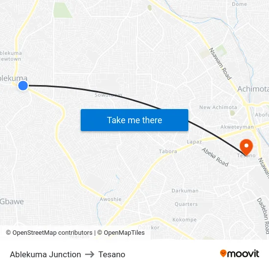 Ablekuma Junction to Tesano map