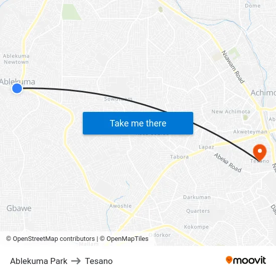 Ablekuma Park to Tesano map