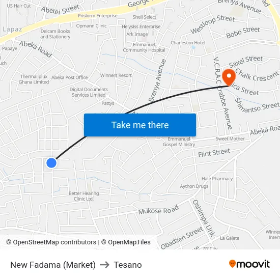 New Fadama (Market) to Tesano map