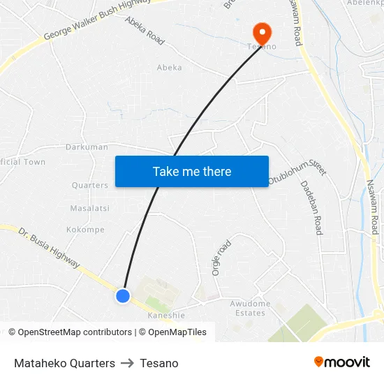 Mataheko Quarters to Tesano map