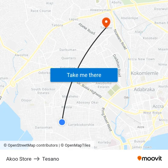 Akoo Store to Tesano map