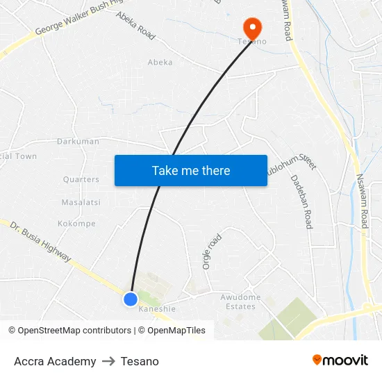 Accra Academy to Tesano map