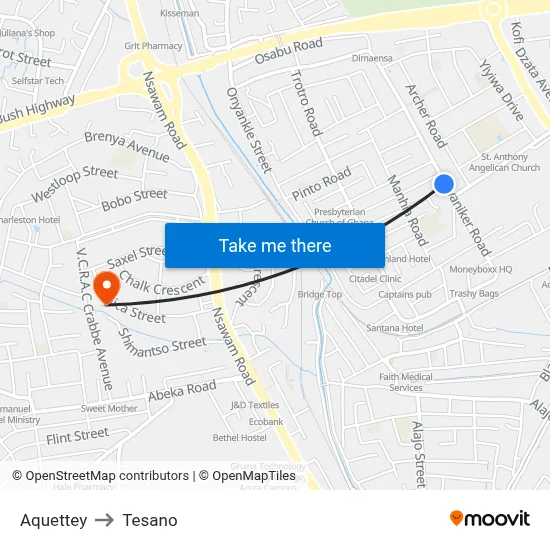 Aquettey to Tesano map