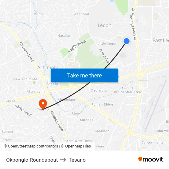 Okponglo Roundabout to Tesano map