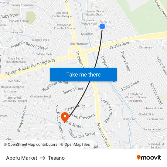 Abofu Market to Tesano map