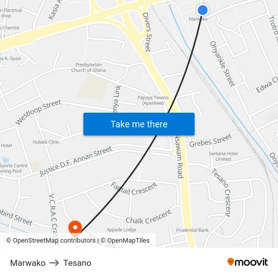 Marwako to Tesano map