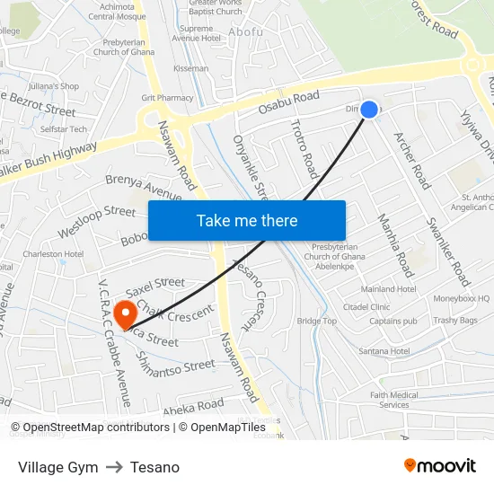 Village Gym to Tesano map