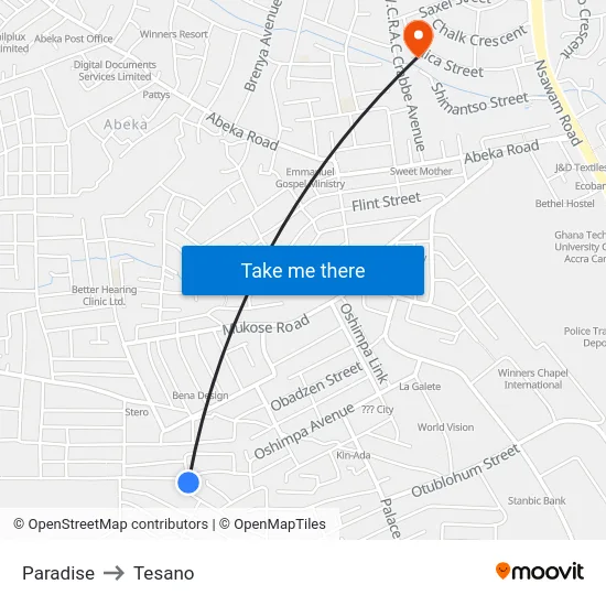 Paradise to Tesano map
