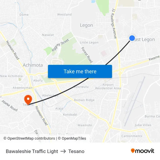 Bawaleshie Traffic Light to Tesano map