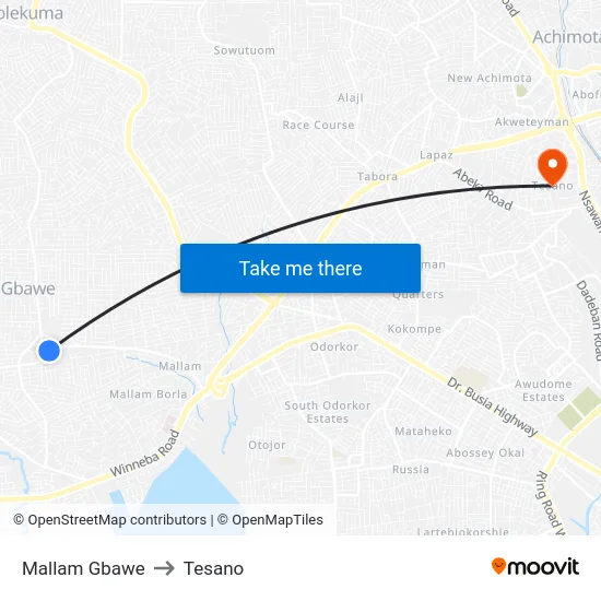Mallam Gbawe to Tesano map