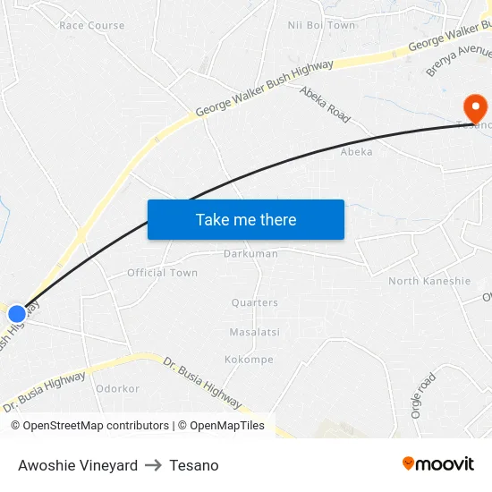 Awoshie Vineyard to Tesano map