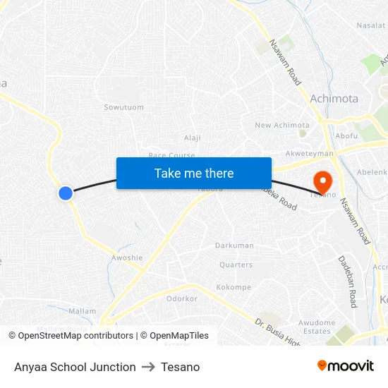 Anyaa School Junction to Tesano map