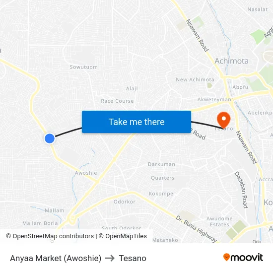 Anyaa Market (Awoshie) to Tesano map