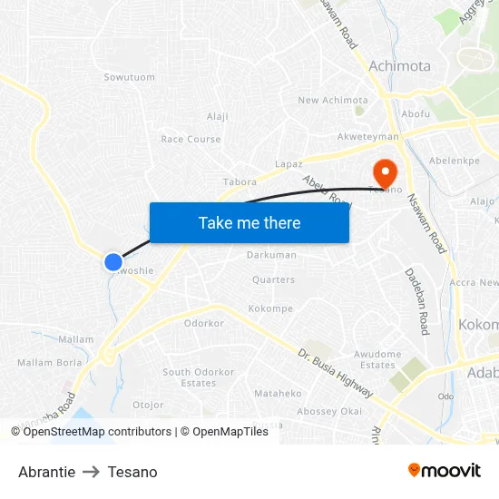 Abrantie to Tesano map