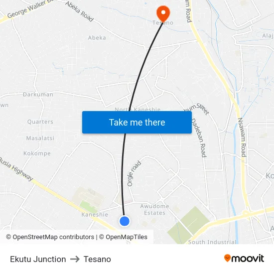 Ekutu Junction to Tesano map