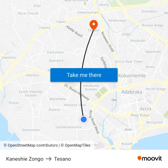 Kaneshie Zongo to Tesano map