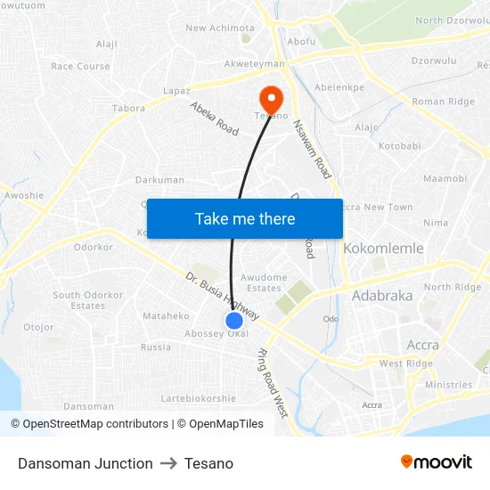 Dansoman Junction to Tesano map