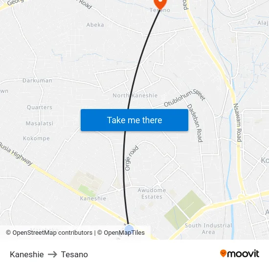 Kaneshie to Tesano map
