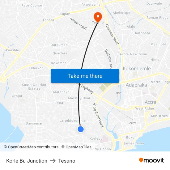 Korle Bu Junction to Tesano map