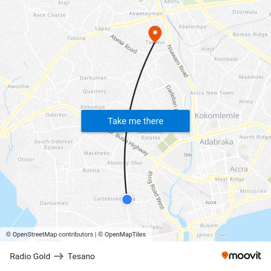 Radio Gold to Tesano map