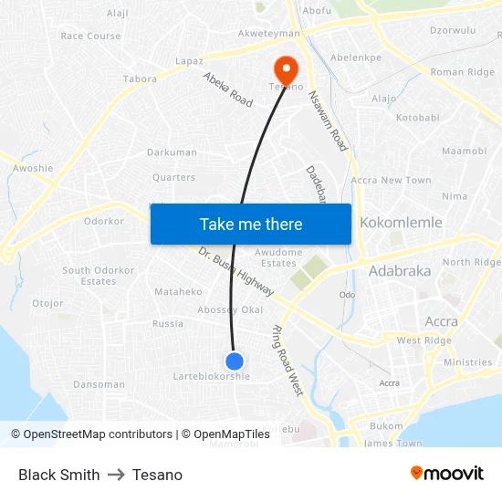 Black Smith to Tesano map