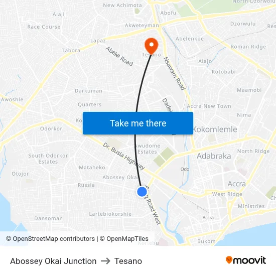 Abossey Okai Junction to Tesano map