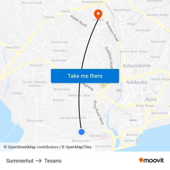 Summerhut to Tesano map